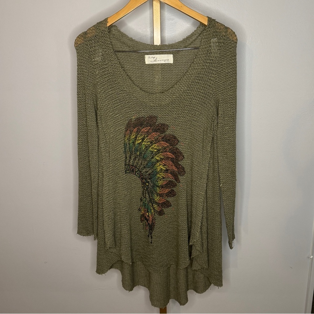 Olive Green Women's Long Sleeve Top with Feather Design